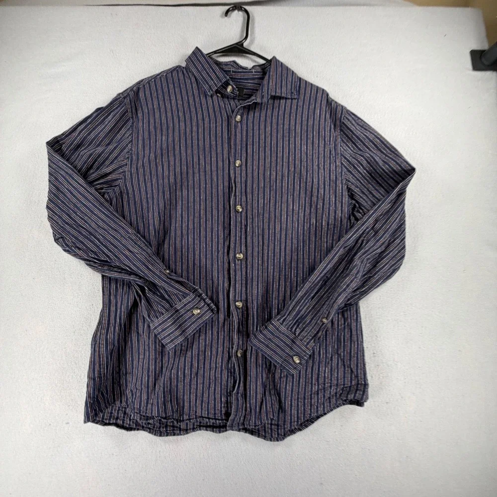 Banana Republic Mens L Slim Fit Untucked Shirt Blue Stripe Linen Cotton Blend